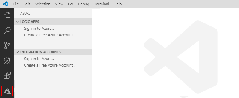 Visual Studio Code ツール バーで、Azure アイコンを選択する
