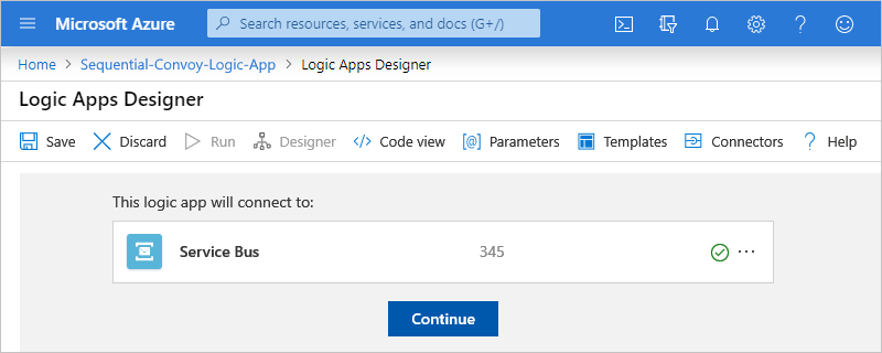 [続行] を選択して Azure Service Bus に接続する