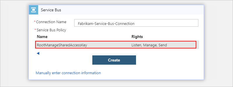 Service Bus ポリシーを選択し、[作成] を選択する