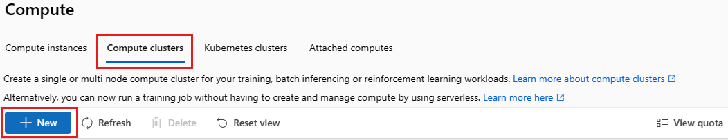 リソースを作成するための [新規] ボタンを示すスクリーンショット。