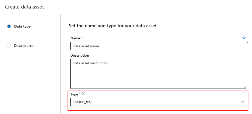 このスクリーンショットでは、[種類] ドロップダウンで [File (uri folder)] (ファイル (uri フォルダー)) を選びます。