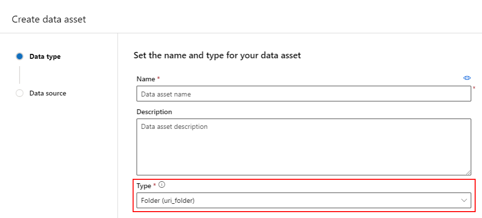 このスクリーンショットでは、[種類] ドロップダウンで [Folder (uri_folder)] (フォルダー (uri_folder)) を選びます。