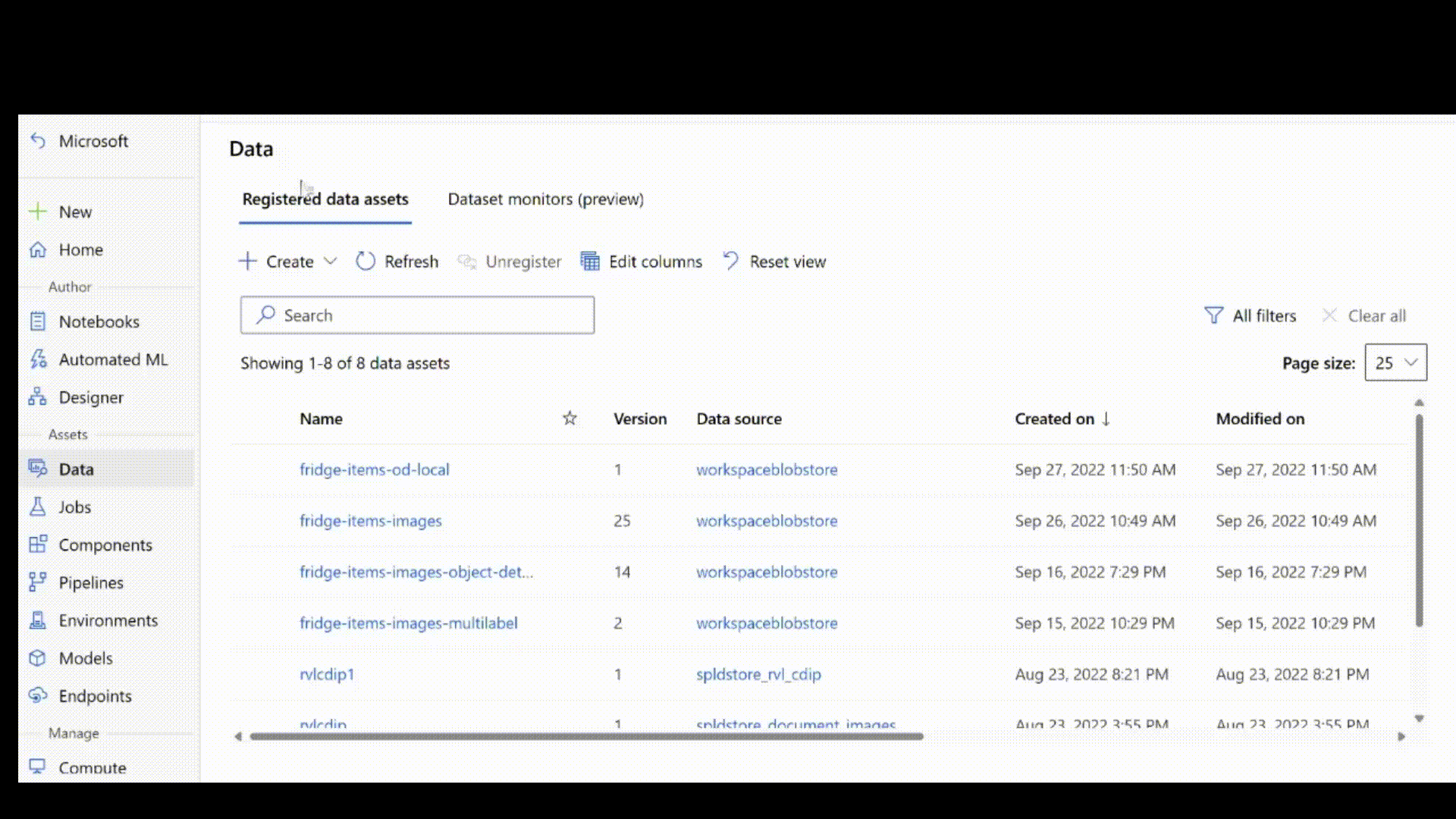 データストアに既に存在するデータからデータセットを登録する方法を示すアニメーション。