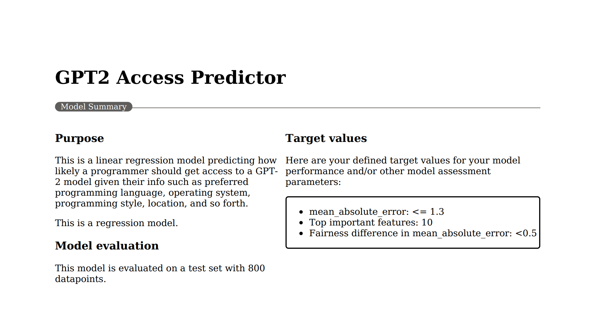 責任ある AI スコアカード PDF の [モデルの概要] のスクリーンショット。