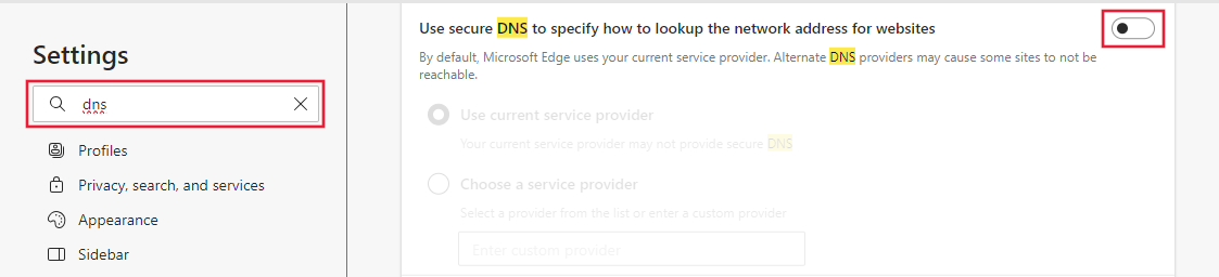 Microsoft Edge の [セキュア DNS を使用する] 設定のスクリーンショット。