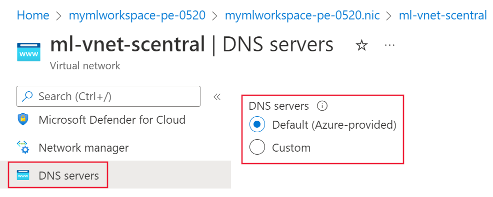 DNS サーバー構成のスクリーンショット。