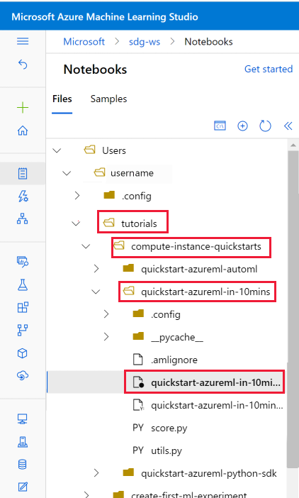 tutorials フォルダーを開いたところを示すスクリーンショット。