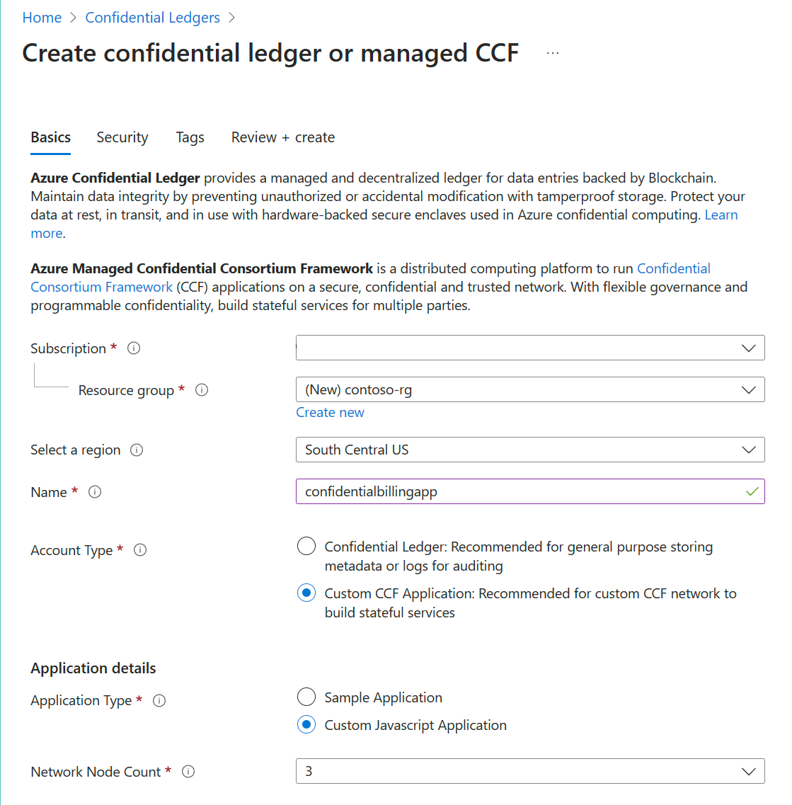 A screenshot of the Managed CCF create screen.