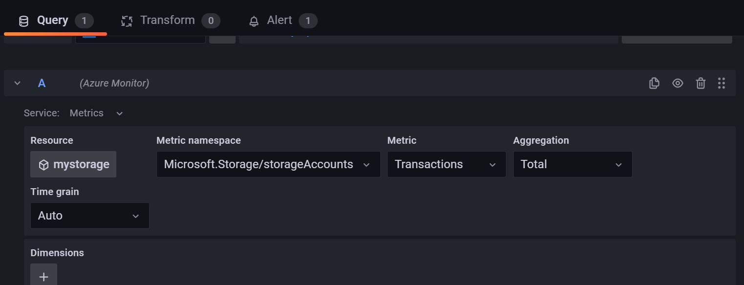 Grafana インスタンスのスクリーンショット。クエリ。