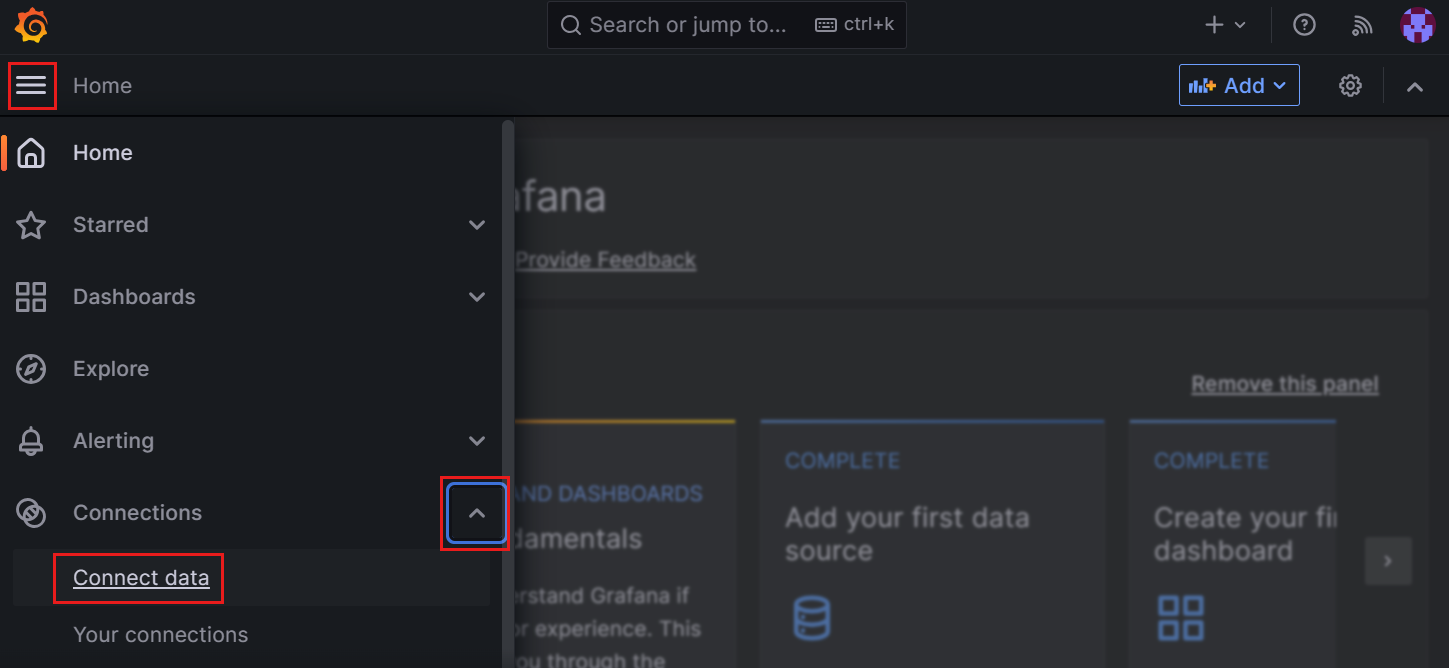 Grafana ダッシュボードのスクリーンショット。データ ソースにアクセスします。