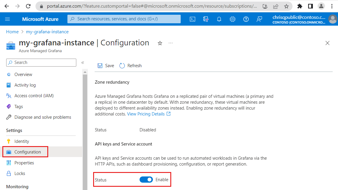 Azure プラットフォームのスクリーンショット。サービス アカウントを有効にする。