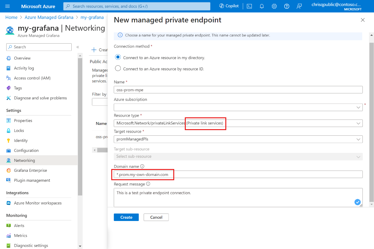 新しいマネージド プライベート エンドポイントに対して入力された Prometheus 情報を示す Azure プラットフォームのスクリーンショット。