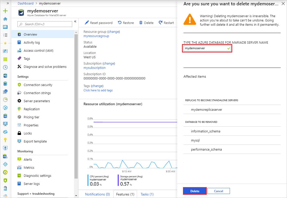 Azure Database for MariaDB - マスターの削除の確認