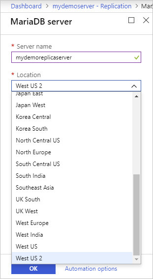 Azure Database for MariaDB - レプリカの場所