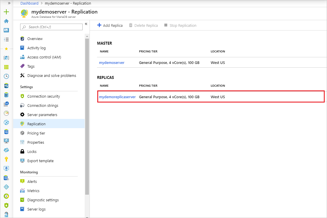 Azure Database for MariaDB - レプリケーションを停止するサーバーの選択