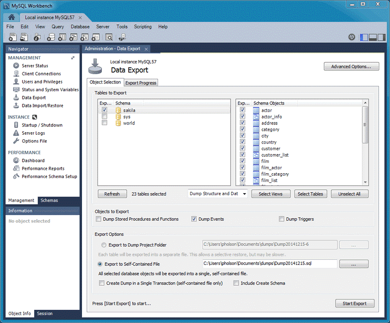 [ナビゲーター] ペインを使用して、MySQL Workbench の [データのエクスポート] ペインを表示している状態のスクリーンショット。