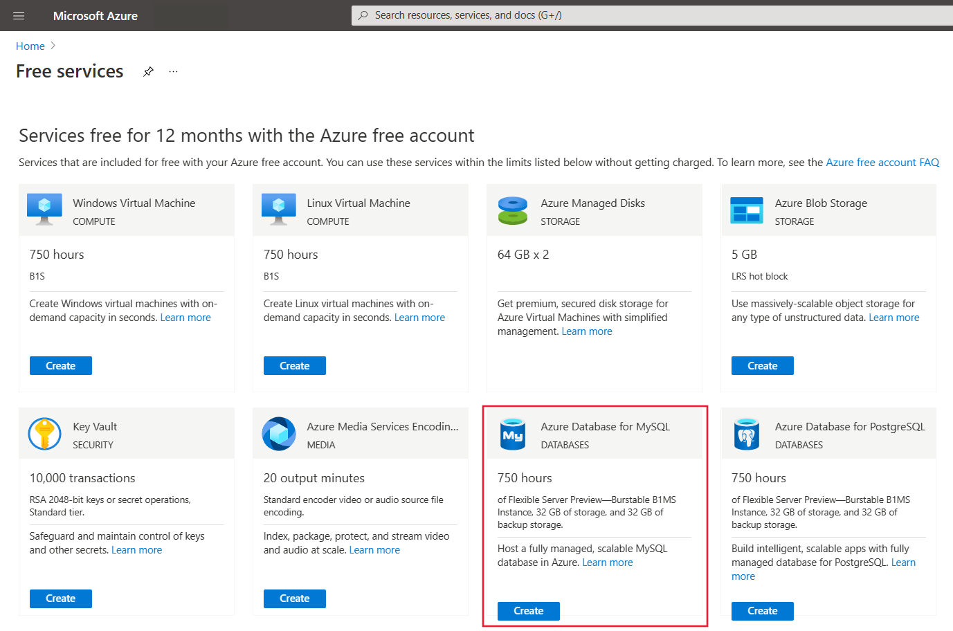 Azure portal にある無料の全サービスを一覧表示する画面のスクリーンショット。