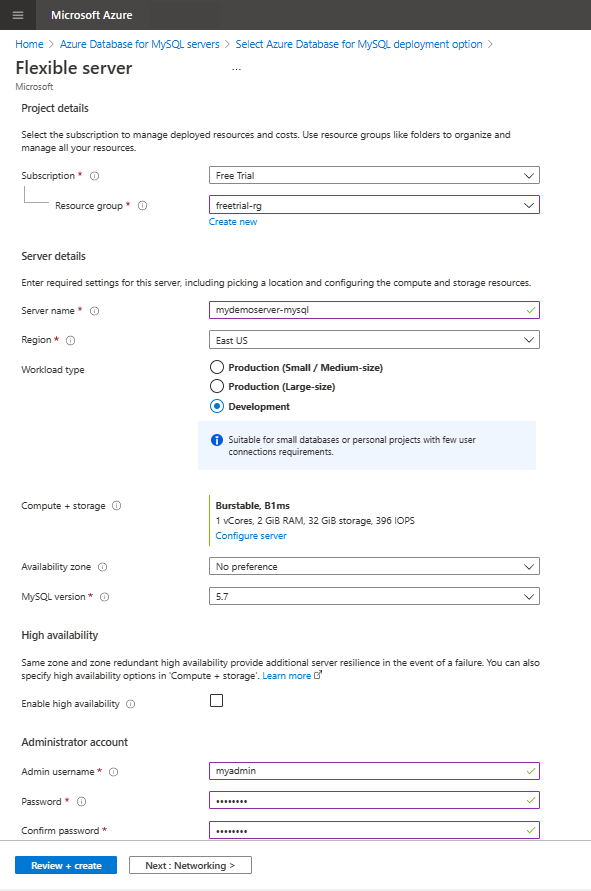 Azure Database for MySQL フレキシブル サーバー インスタンスを作成するための基本設定を示すスクリーンショット。