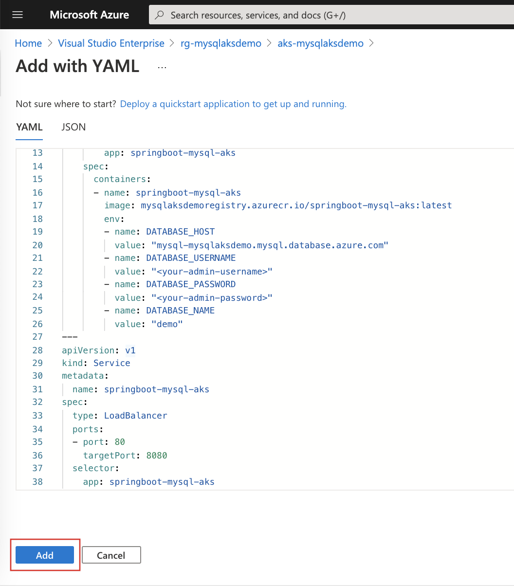 [YAML で追加] エディターを示すスクリーンショット。