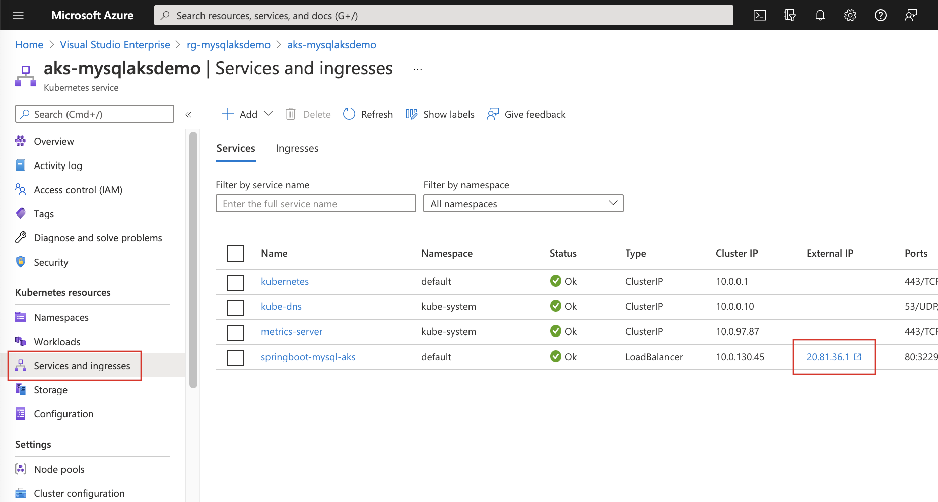 Azure Kubernetes クラスター サービス 外部 IP の Azure portal でのビューを示すスクリーンショット。