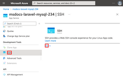 Azure portal からアプリの SSH シェルを開く方法を示すスクリーンショット。