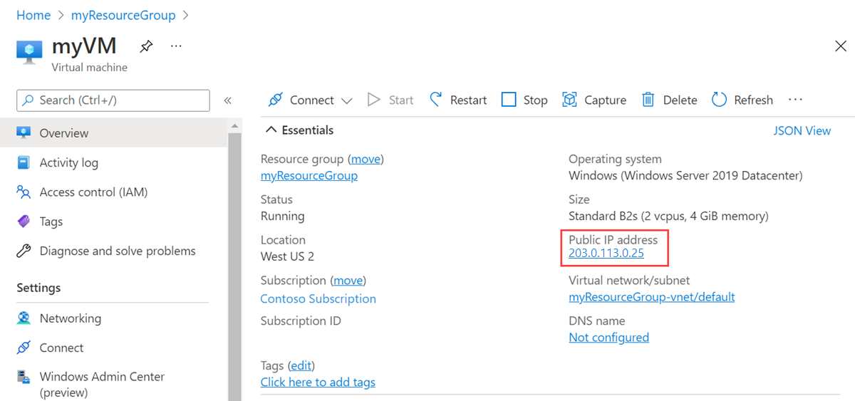 仮想マシンのパブリック IP アドレスのスクリーンショット。