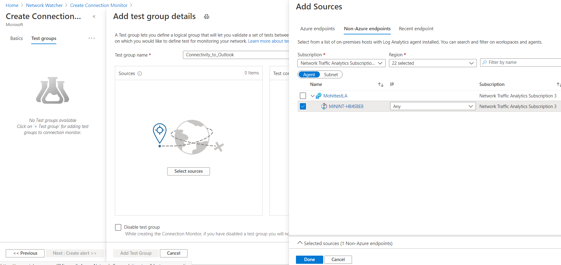 接続モニターの [ソースの追加] ペインと [Azure 以外のエンドポイント] ペインを示すスクリーンショット。