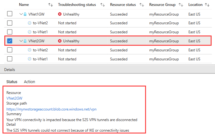 トラブルシューティング完了後に Azure portal に表示されたゲートウェイの状態と VPN トラブルシューティング テストの結果を示すスクリーンショット。