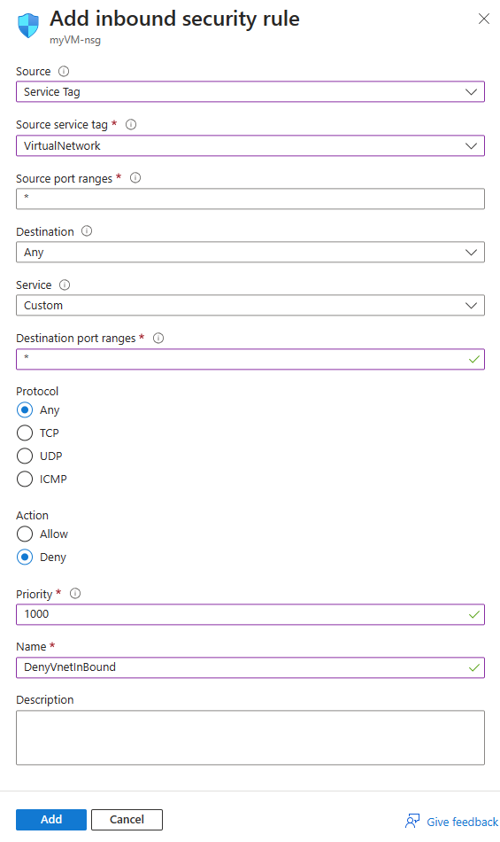 スクリーンショットは、Azure portal のネットワーク セキュリティ グループに受信セキュリティ ルールを追加する方法を示しています。