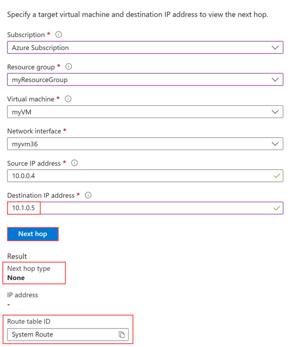 仮想ネットワークのアドレス空間外のプライベート IP を使用してテストしたときの Network Watcher の次ホップの結果を示すスクリーンショット。