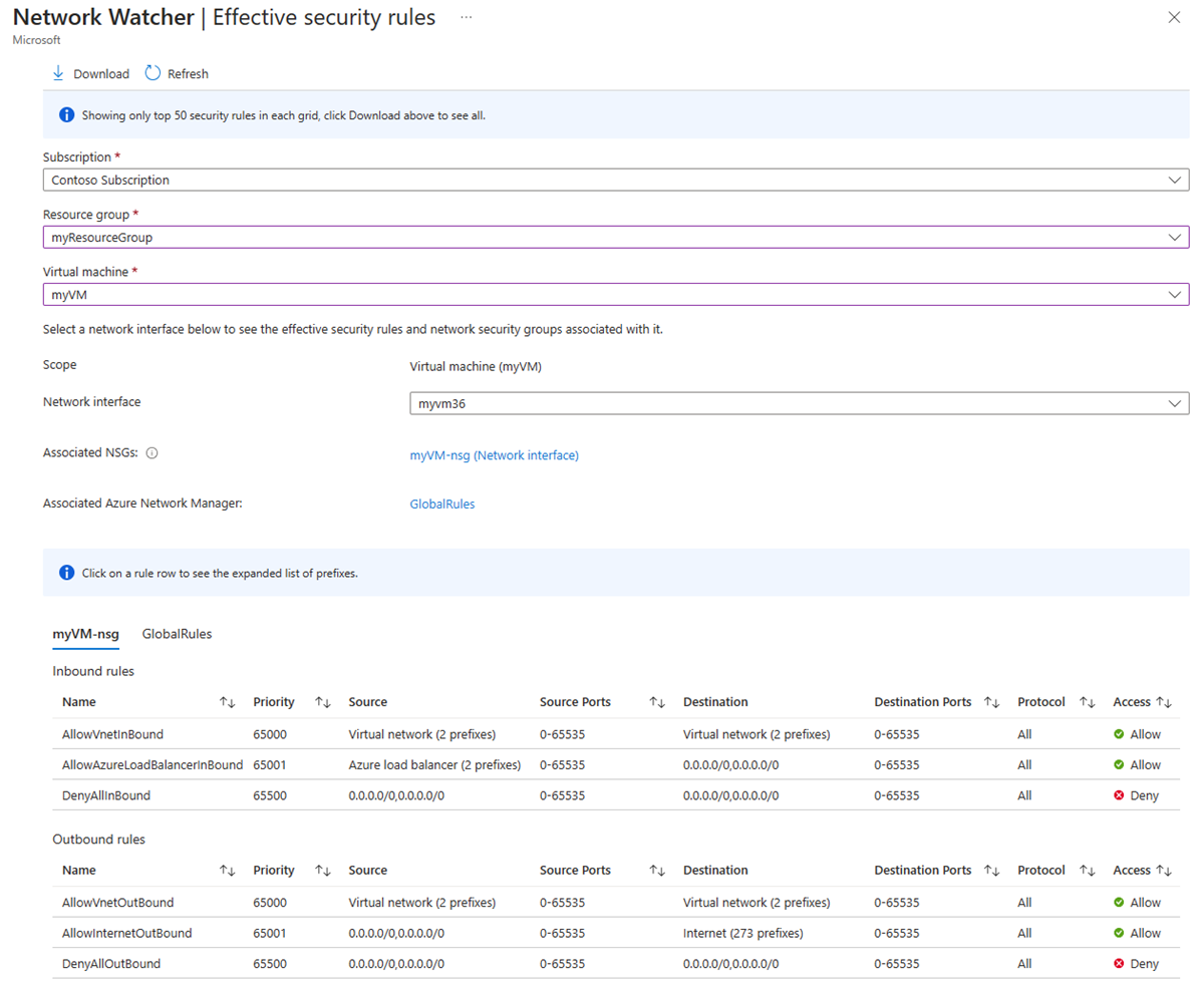 Azure portalの Azure Network Watcherの有効なセキュリティ規則のスクリーンショット。