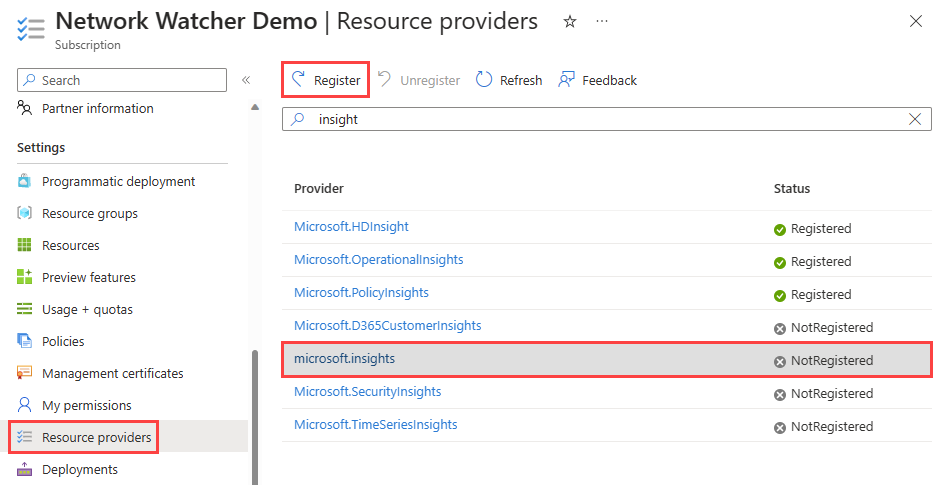 Azure portal での Microsoft Insights プロバイダーの登録のスクリーンショット。