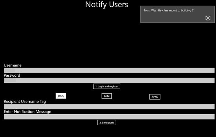 プッシュされたメッセージが表示された Notification Hubs アプリケーションのスクリーンショット。