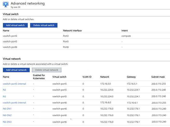 仮想スイッチ情報のテーブルと仮想ネットワーク情報のテーブルを含む、高度なネットワークを示すスクリーンショット。