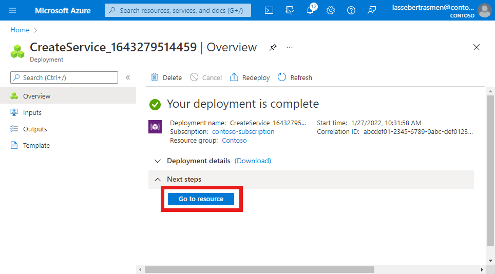 Azure portal のスクリーンショット。プロトコル フィルタリング用のサービスのデプロイが成功したことが示されており、[リソースに移動] ボタンが表示されています。