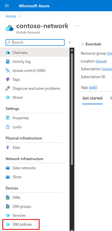 Azure portal のスクリーンショット。モバイル ネットワーク リソースの [リソース] メニューの [SIM ポリシー] オプションが表示されています。