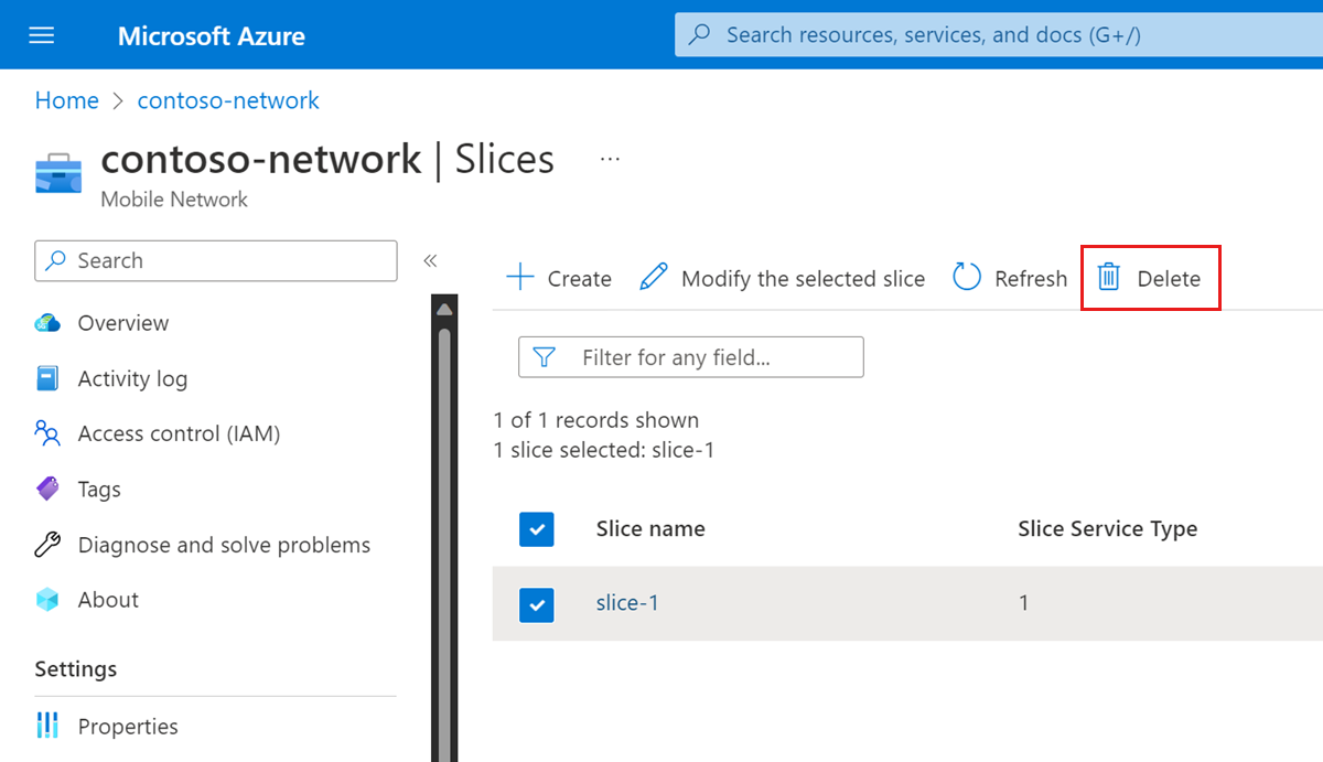 [スライスの削除] オプションを示すAzure portalのスクリーンショット。