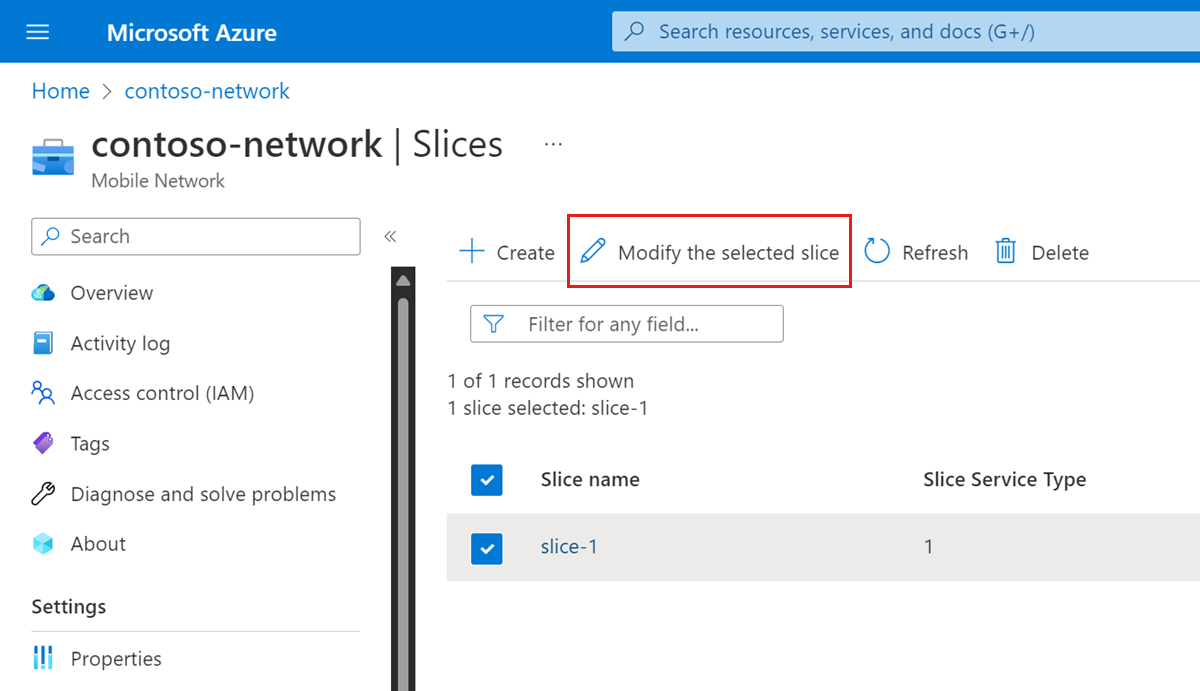 [選択したスライスの変更] オプションを示すAzure portalのスクリーンショット。