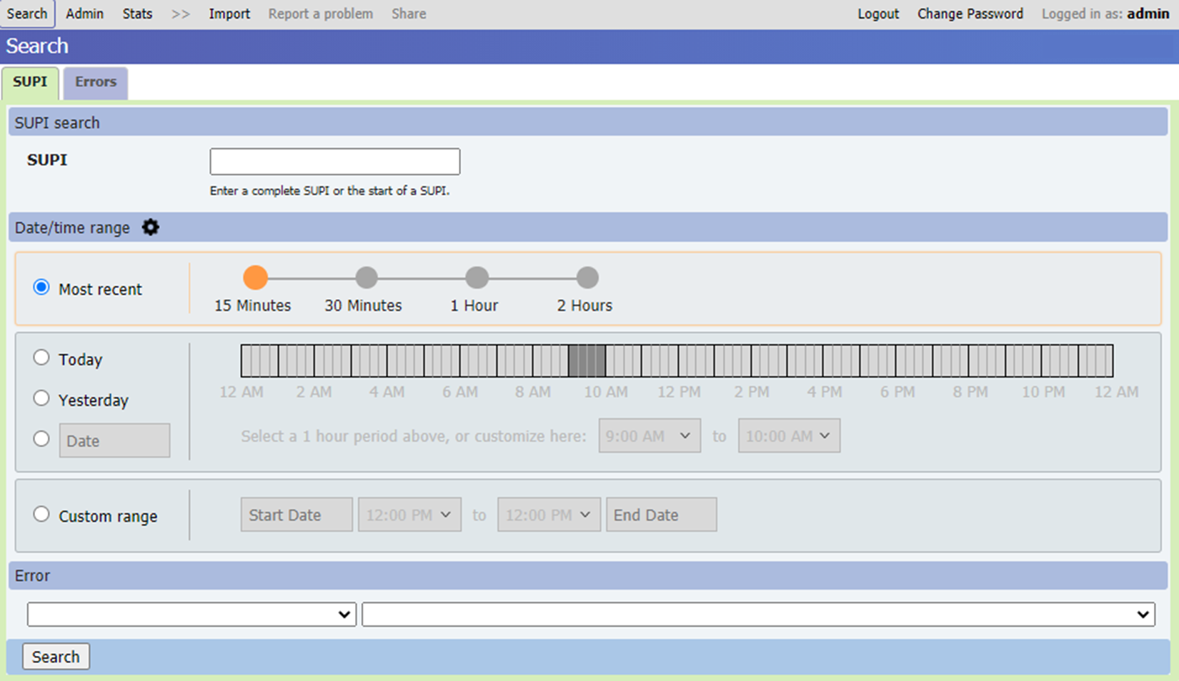 Screenshot of the Search display in the distributed tracing web G U I, showing the S U P I and Errors tabs.