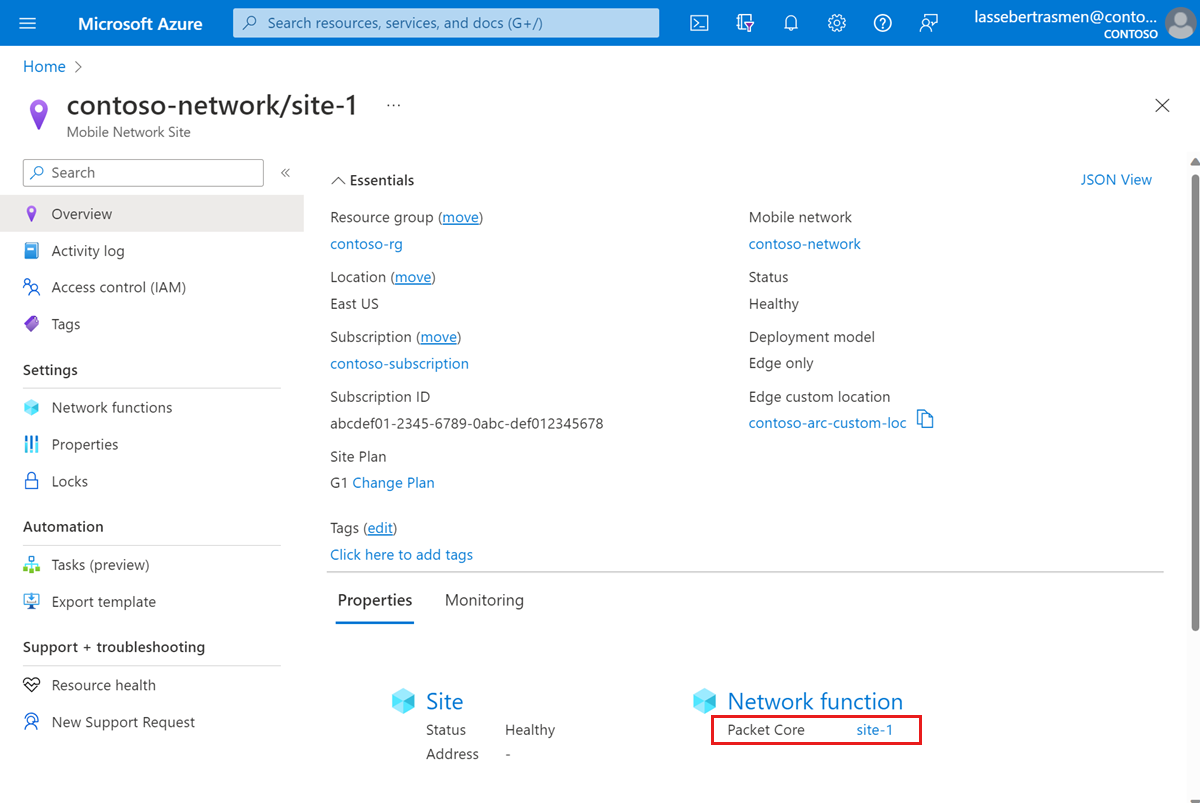 [Packet Core](パケット コア) フィールドが表示されている Azure portal のスクリーンショット。