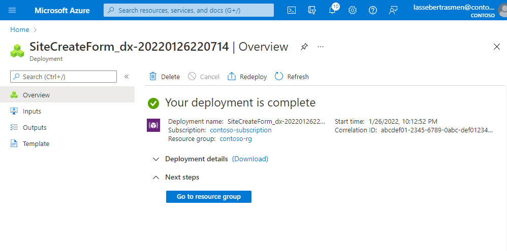 Azure portal のスクリーンショット。サイトのデプロイが成功したことの確認が示されています。