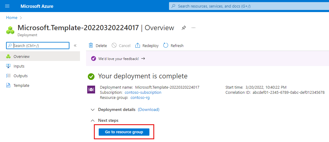 Azure portal のスクリーンショット。ARM テンプレートのデプロイの確認が表示されています。