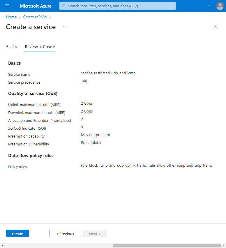 Azure portal のスクリーンショット。[確認と作成] タブが表示されていて、そこにプロトコル フィルタリング用のサービスの全構成が表示されています。