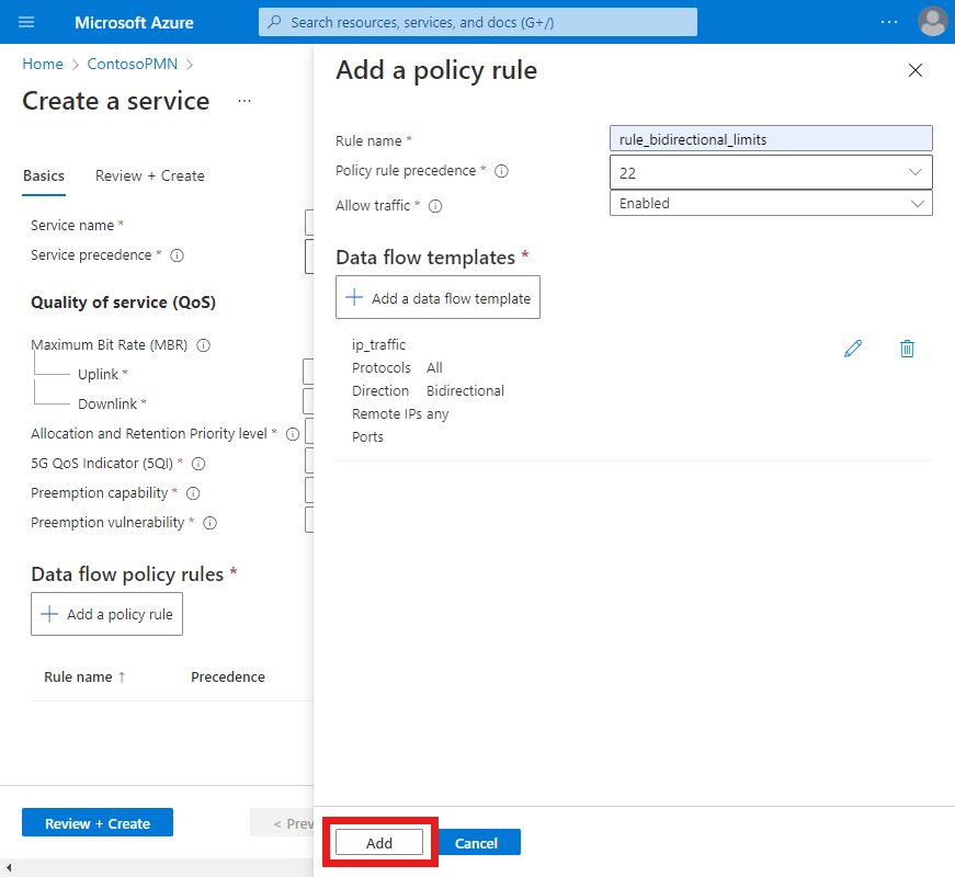 Azure portal のスクリーンショット。トラフィック制限の構成を含む [Add a policy rule] (ポリシー規則の追加) 画面が表示されていて、[追加] ボタンが強調表示されています。