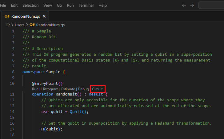 コード レンズ回線コマンドを検索する場所を示す Visual Studio Code の Q# ファイルのスクリーンショット。