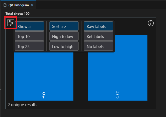 設定を表示する方法を示す Visual Studio Code の Q# ヒストグラム ウィンドウのスクリーンショット。