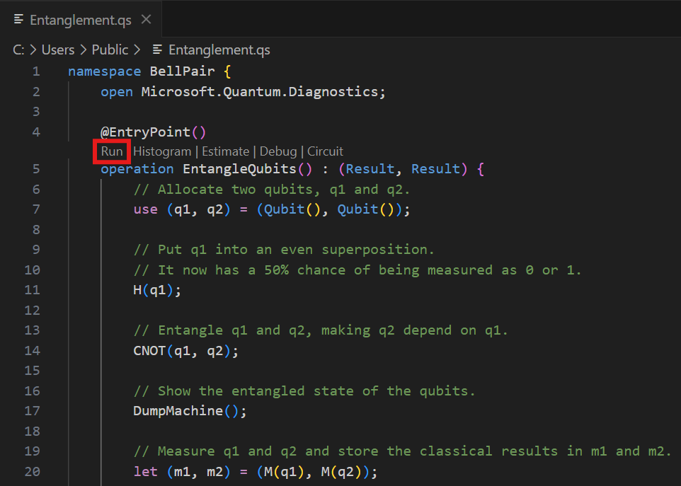 Visual Studio Code の Q# ファイルのスクリーンショット。[実行] コマンドを見つける場所が示されています。