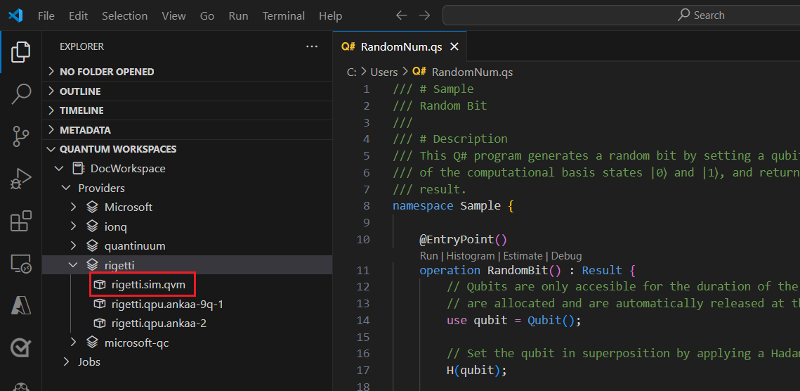 targetとして Rigetti シミュレーターを選択する方法を示す Visual Studio Code のスクリーンショット。