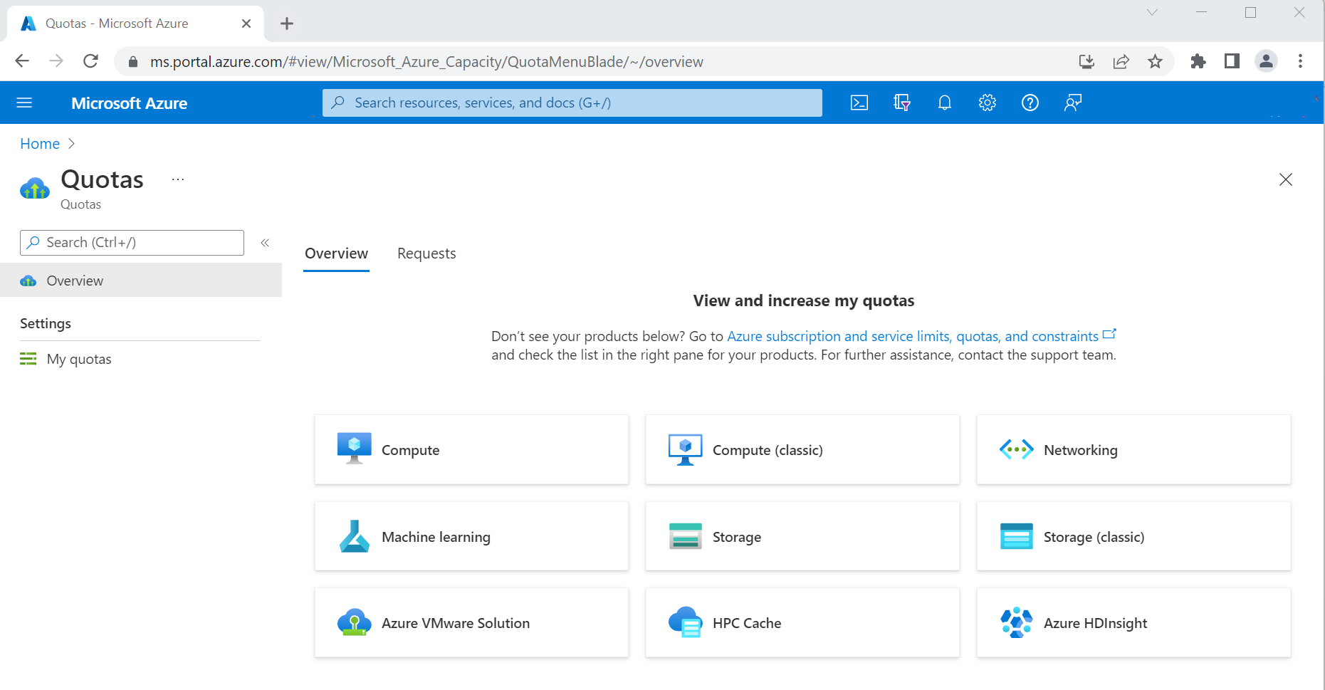 Azure portal のクォータ サービス ページを示すスクリーンショット。