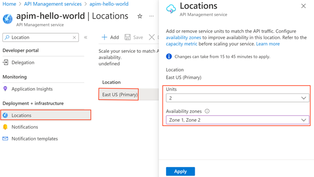 仮想ネットワークに挿入されていない API Management インスタンスの既存の場所の移行の選択を示すスクリーンショット。